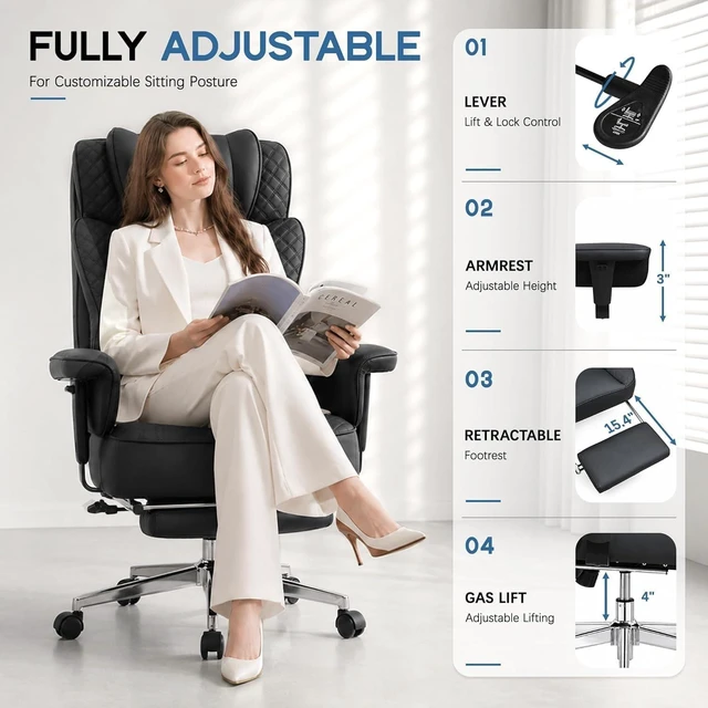 Alt view image 6 of 7 - Office Desk Chair, High-Back Big and Tall Leather Chair with Footrest