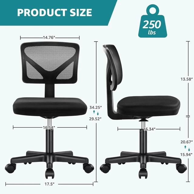 Alt view image 3 of 7 - Armless Home Office Chair, Ergonomic Small Desk Chair