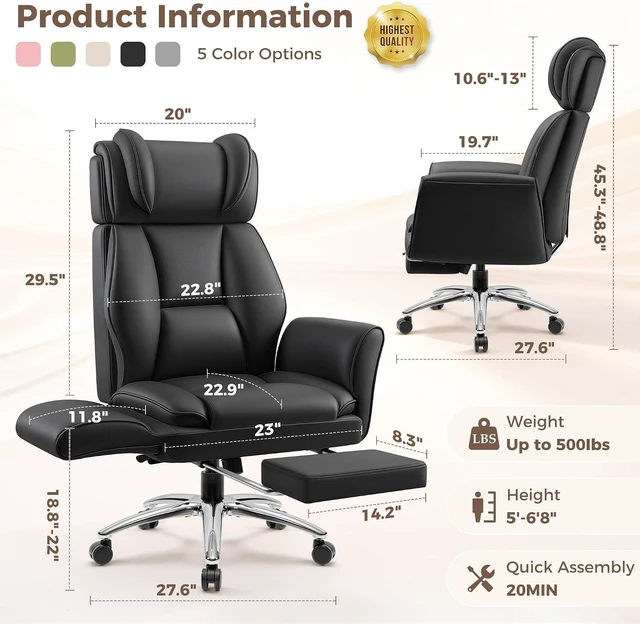 Alt view image 2 of 7 - Big and Tall Office Chair, Flip Armrests for Pets & Cross Legged Sitting, Ergonomic Leather Executive Desk Chair with Foot Rest, High-Back Reclining Computer Chairs for Home Office Gaming, Black