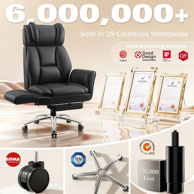 Alt view image 3 of 7 - Big and Tall Office Chair, Flip Armrests for Pets & Cross Legged Sitting, Ergonomic Leather Executive Desk Chair with Foot Rest, High-Back Reclining Computer Chairs for Home Office Gaming, Black