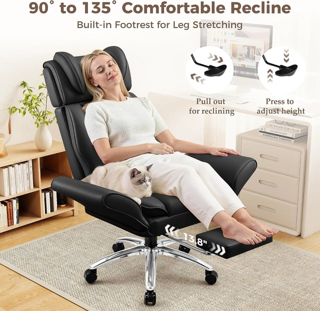 Alt view image 6 of 7 - Big and Tall Office Chair, Flip Armrests for Pets & Cross Legged Sitting, Ergonomic Leather Executive Desk Chair with Foot Rest, High-Back Reclining Computer Chairs for Home Office Gaming, Black