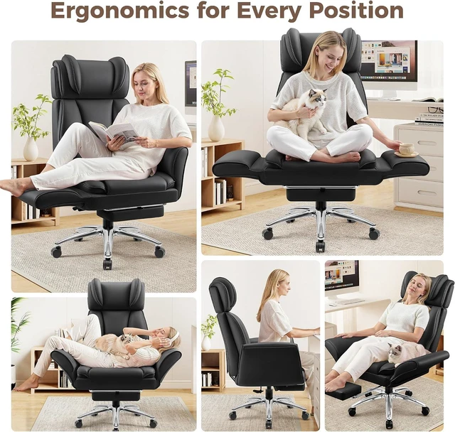 Alt view image 7 of 7 - Big and Tall Office Chair, Flip Armrests for Pets & Cross Legged Sitting, Ergonomic Leather Executive Desk Chair with Foot Rest, High-Back Reclining Computer Chairs for Home Office Gaming, Black