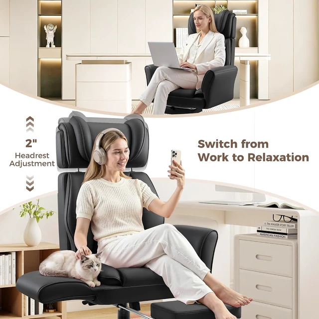 Alt view image 5 of 7 - Big and Tall Office Chair, Flip Armrests for Pets & Cross Legged Sitting, Ergonomic Leather Executive Desk Chair with Foot Rest, High-Back Reclining Computer Chairs for Home Office Gaming, Black