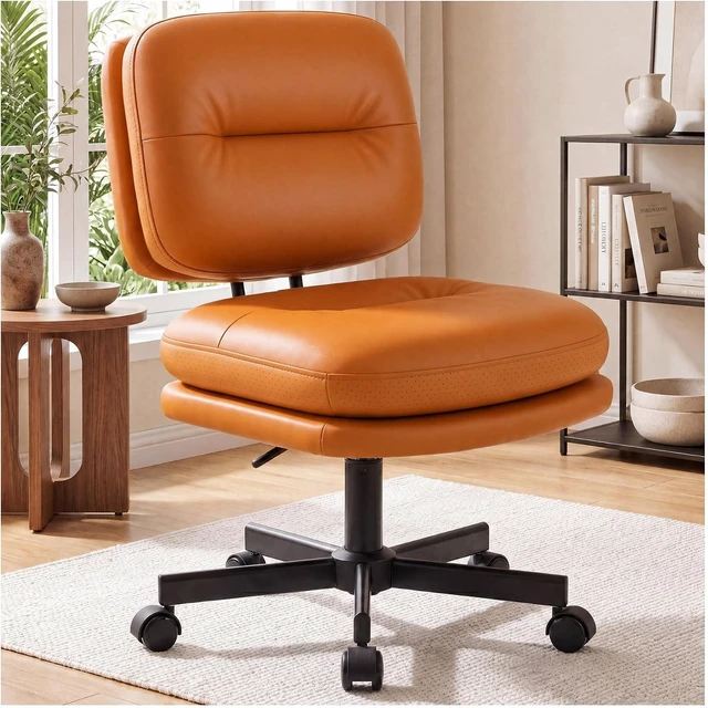Main image of Home Office Desk Chair with Comfy Lumbar Support, Small Chair with Wheel for Bedroom, Thick Padded & Armless, 19.1"-25.4 Height Adjustable, Soft PU Leather, Brown