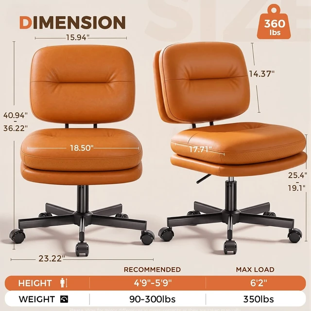 Alt view image 2 of 7 - Home Office Desk Chair with Comfy Lumbar Support, Small Chair with Wheel for Bedroom, Thick Padded & Armless, 19.1"-25.4 Height Adjustable, Soft PU Leather, Brown