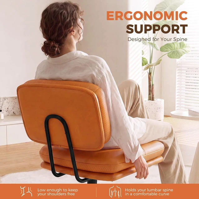 Alt view image 3 of 7 - Home Office Desk Chair with Comfy Lumbar Support, Small Chair with Wheel for Bedroom, Thick Padded & Armless, 19.1"-25.4 Height Adjustable, Soft PU Leather, Brown