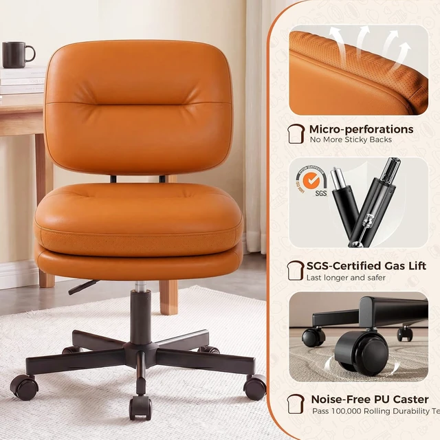 Alt view image 5 of 7 - Home Office Desk Chair with Comfy Lumbar Support, Small Chair with Wheel for Bedroom, Thick Padded & Armless, 19.1"-25.4 Height Adjustable, Soft PU Leather, Brown
