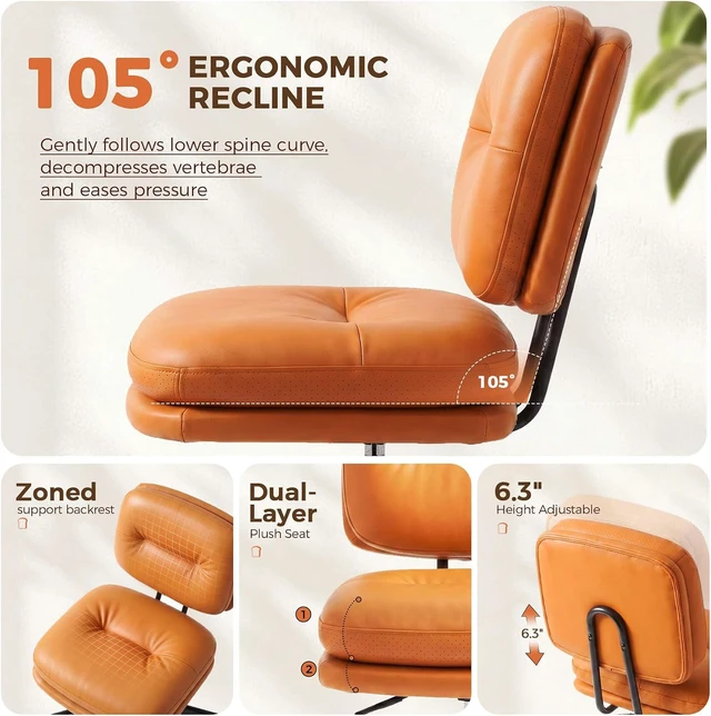 Alt view image 7 of 7 - Home Office Desk Chair with Comfy Lumbar Support, Small Chair with Wheel for Bedroom, Thick Padded & Armless, 19.1"-25.4 Height Adjustable, Soft PU Leather, Brown