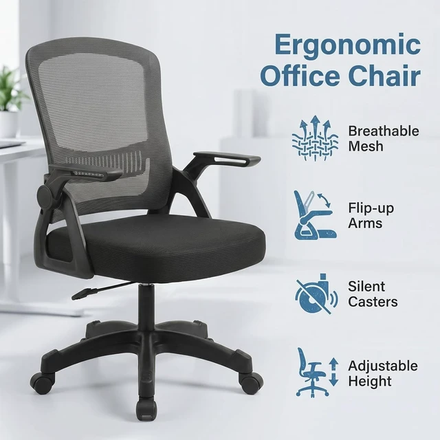 Alt view image 5 of 7 - Mid Back Mesh Office Chair with Flip Up Armrest, Height Adjustable Swivel Desk Chair, 300LBS Breathable Ergonomic Computer Task Chair for Home Office StudyBlack