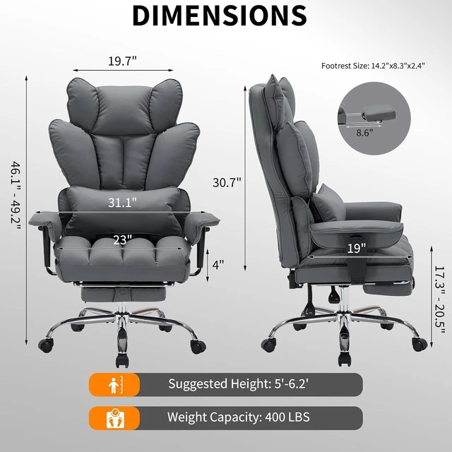 Alt view image 2 of 7 - Garvee Big and Tall Office Chair, Executive Leather Office Chair with Footrest, 400lbs Ergonomic Gaming Chair for Adults, Wide Seat Computer Desk Chair with Lumbar Support, 150 Degree Reclining, Gray