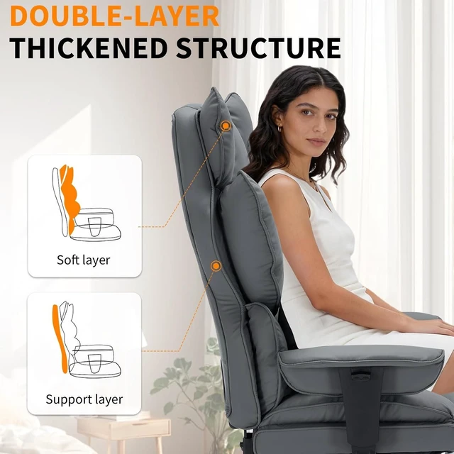 Alt view image 3 of 7 - Garvee Big and Tall Office Chair, Executive Leather Office Chair with Footrest, 400lbs Ergonomic Gaming Chair for Adults, Wide Seat Computer Desk Chair with Lumbar Support, 150 Degree Reclining, Gray