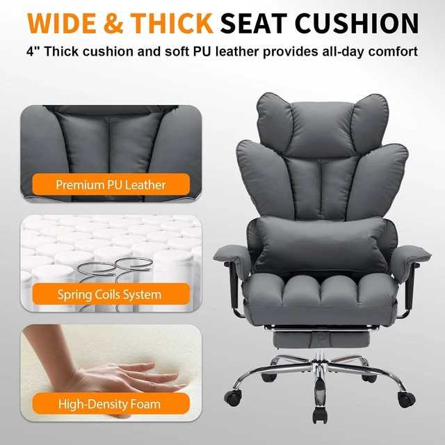 Alt view image 5 of 7 - Garvee Big and Tall Office Chair, Executive Leather Office Chair with Footrest, 400lbs Ergonomic Gaming Chair for Adults, Wide Seat Computer Desk Chair with Lumbar Support, 150 Degree Reclining, Gray