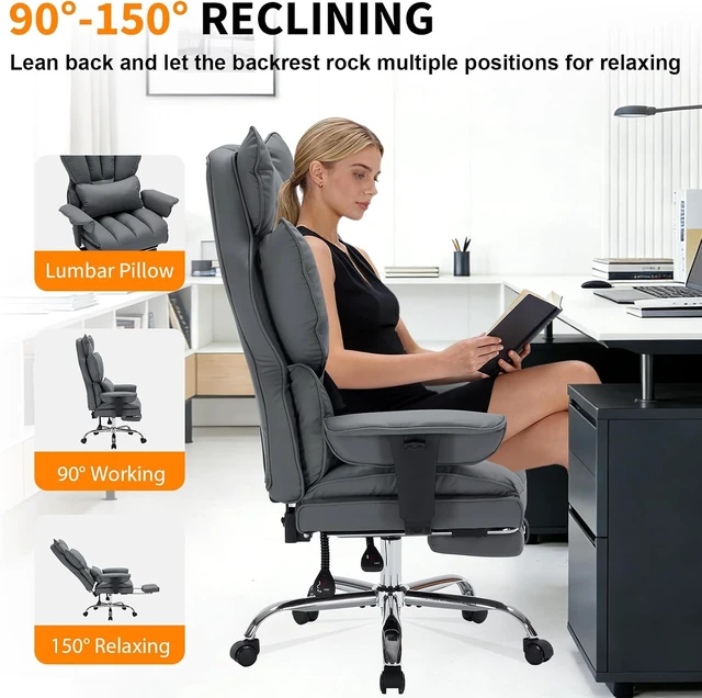 Alt view image 6 of 7 - Garvee Big and Tall Office Chair, Executive Leather Office Chair with Footrest, 400lbs Ergonomic Gaming Chair for Adults, Wide Seat Computer Desk Chair with Lumbar Support, 150 Degree Reclining, Gray