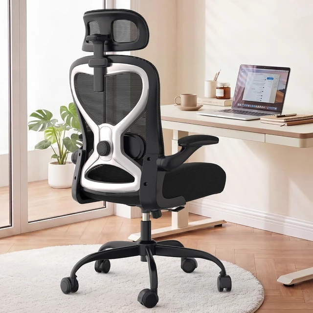 Main image of Home Office Desk Chairs, Ergonomic Office Chair with Lumbar Support & 3D Headrest, Computer Desk Chair with Flip-up Armrests, Perfect for Office or Study, Black/Silver