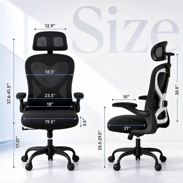 Alt view image 2 of 7 - Home Office Desk Chairs, Ergonomic Office Chair with Lumbar Support & 3D Headrest, Computer Desk Chair with Flip-up Armrests, Perfect for Office or Study, Black/Silver