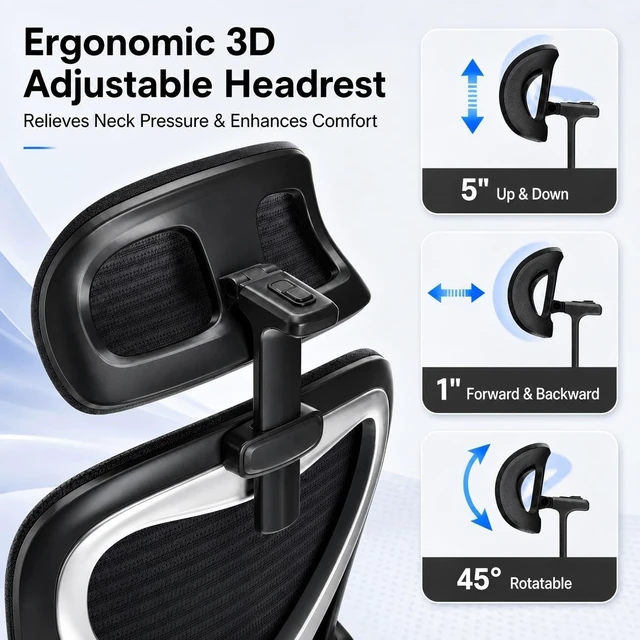 Alt view image 3 of 7 - Home Office Desk Chairs, Ergonomic Office Chair with Lumbar Support & 3D Headrest, Computer Desk Chair with Flip-up Armrests, Perfect for Office or Study, Black/Silver