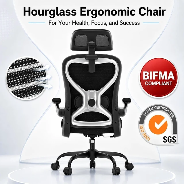 Alt view image 4 of 7 - Home Office Desk Chairs, Ergonomic Office Chair with Lumbar Support & 3D Headrest, Computer Desk Chair with Flip-up Armrests, Perfect for Office or Study, Black/Silver