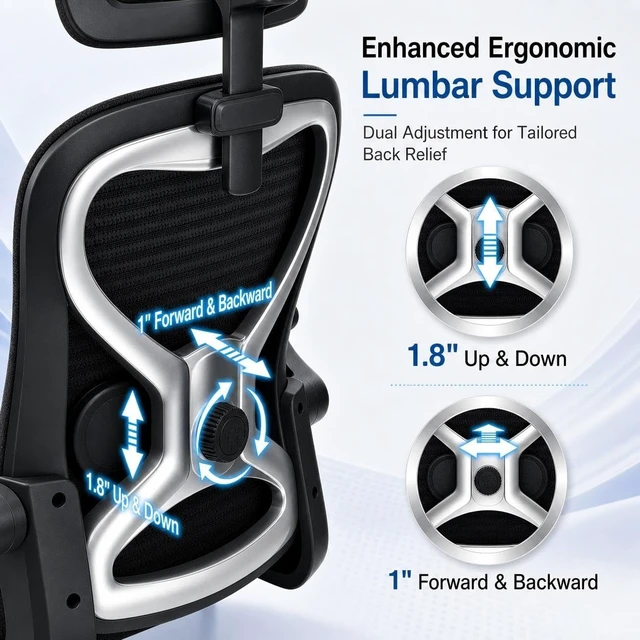 Alt view image 5 of 7 - Home Office Desk Chairs, Ergonomic Office Chair with Lumbar Support & 3D Headrest, Computer Desk Chair with Flip-up Armrests, Perfect for Office or Study, Black/Silver