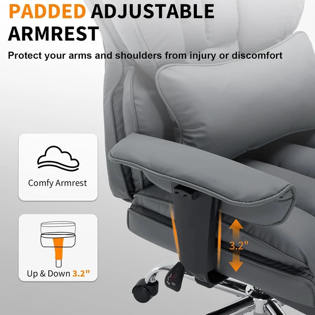 Alt view image 4 of 7 - Garvee Big and Tall Office Chair, Executive Leather Office Chair with Footrest, 400lbs Ergonomic Gaming Chair for Adults, Wide Seat Computer Desk Chair with Lumbar Support, 150 Degree Reclining, Gray