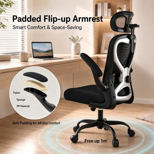 Alt view image 7 of 7 - Home Office Desk Chairs, Ergonomic Office Chair with Lumbar Support & 3D Headrest, Computer Desk Chair with Flip-up Armrests, Perfect for Office or Study, Black/Silver