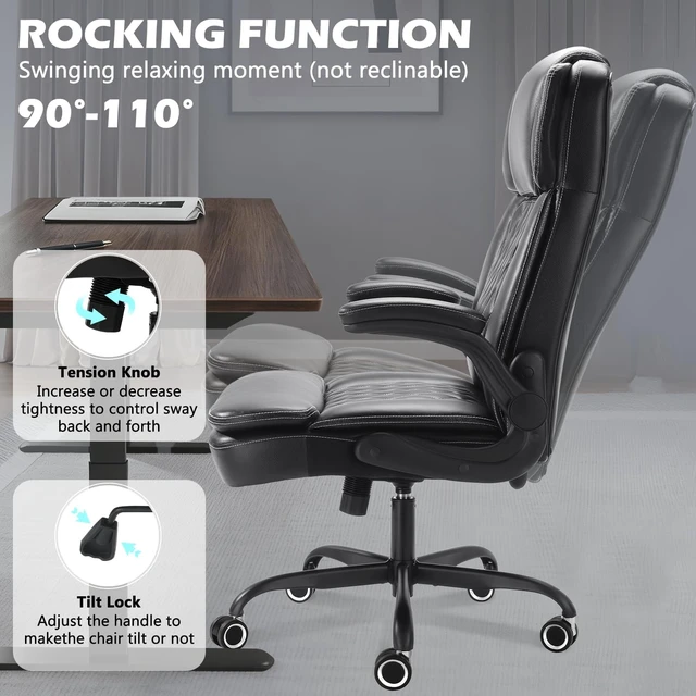 Alt view image 7 of 7 - 450LBS Big and Tall Executive Office Chair with Flip up Arm, Heavy Duty PU Leather Computer Desk Chair,Comfortable High Back Swivel Home Office Chair with Rolling for Adults,Spring Cushion,Metal Base