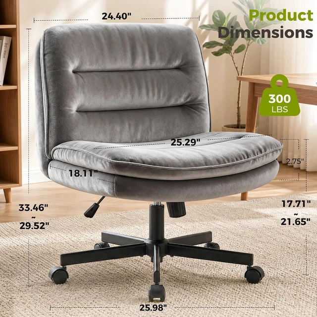 Alt view image 2 of 7 - Cross Legged Office Chair, Armless Desk Chair Cute Chair with Wheels Computer Chair Comfy Wide Office Chair Adjustable Swivel for Home Computer Task,Soft , Dark Grey