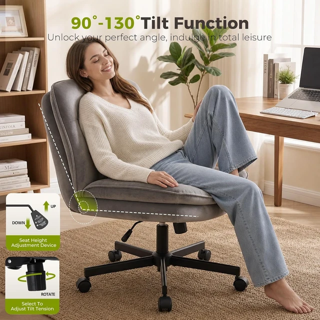 Alt view image 3 of 7 - Cross Legged Office Chair, Armless Desk Chair Cute Chair with Wheels Computer Chair Comfy Wide Office Chair Adjustable Swivel for Home Computer Task,Soft , Dark Grey