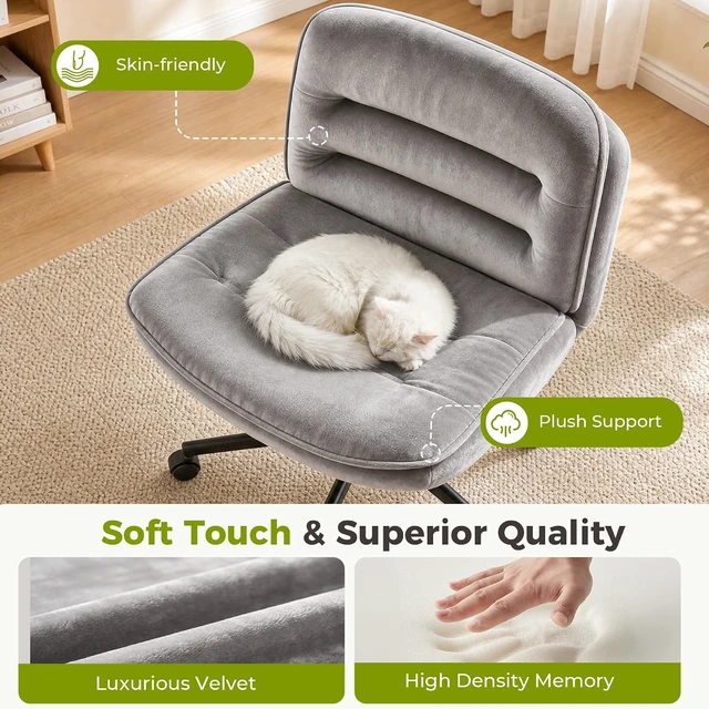 Alt view image 4 of 7 - Cross Legged Office Chair, Armless Desk Chair Cute Chair with Wheels Computer Chair Comfy Wide Office Chair Adjustable Swivel for Home Computer Task,Soft , Dark Grey
