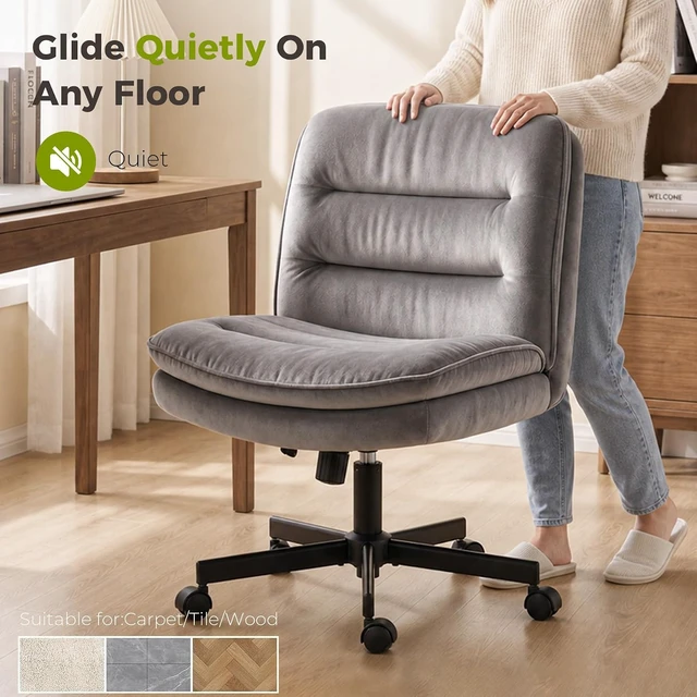 Alt view image 6 of 7 - Cross Legged Office Chair, Armless Desk Chair Cute Chair with Wheels Computer Chair Comfy Wide Office Chair Adjustable Swivel for Home Computer Task,Soft , Dark Grey