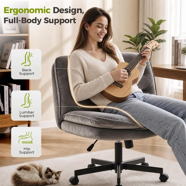 Alt view image 7 of 7 - Cross Legged Office Chair, Armless Desk Chair Cute Chair with Wheels Computer Chair Comfy Wide Office Chair Adjustable Swivel for Home Computer Task,Soft , Dark Grey