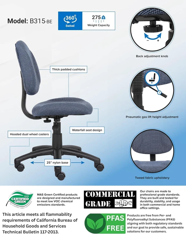 Alt view image 3 of 6 - Boss Office Products B315-BE Perfect Posture Delux Fabric Task Chair Without Arms in Blue, 250