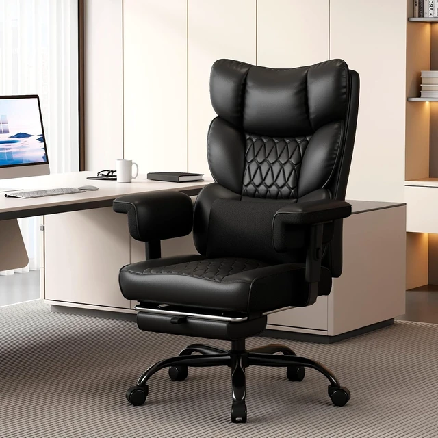 Alt view image 2 of 7 - Big and Tall Office Chair with Footrest, High Back Executive Desk Chair with Adjustable Lift Armrest, 155°ReclineLumbar Support Pillow, Faux Leather Gaming Chairs for Home or Office Black