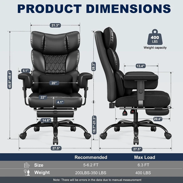 Alt view image 3 of 7 - Big and Tall Office Chair with Footrest, High Back Executive Desk Chair with Adjustable Lift Armrest, 155°ReclineLumbar Support Pillow, Faux Leather Gaming Chairs for Home or Office Black