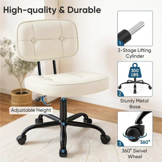 Alt view image 5 of 7 - Armless Office Desk Chair, Small Vanity Chair with Wheels