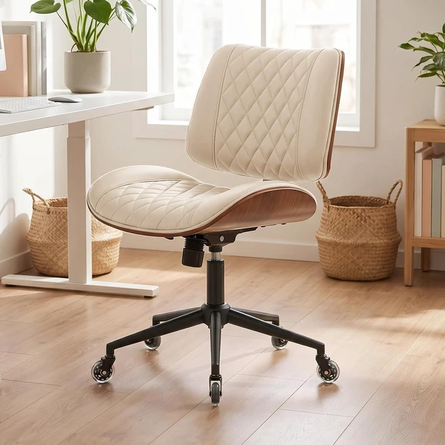 Main image of Armless Office Chair with Silent Rubber Wheels, Mid Century Modern Walnut Style Desk Chair, No Arms Leather Computer Chair for Home Office, Seat-Rocking, Adjustable Height (Beige)