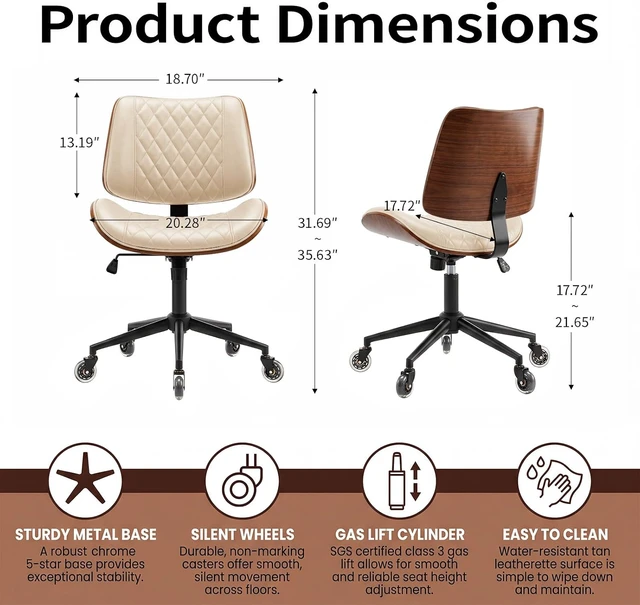 Alt view image 2 of 7 - Armless Office Chair with Silent Rubber Wheels, Mid Century Modern Walnut Style Desk Chair, No Arms Leather Computer Chair for Home Office, Seat-Rocking, Adjustable Height (Beige)