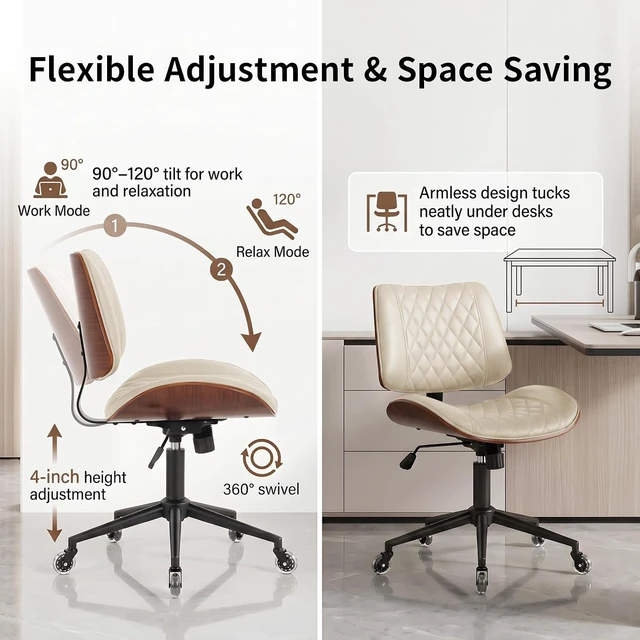 Alt view image 3 of 7 - Armless Office Chair with Silent Rubber Wheels, Mid Century Modern Walnut Style Desk Chair, No Arms Leather Computer Chair for Home Office, Seat-Rocking, Adjustable Height (Beige)