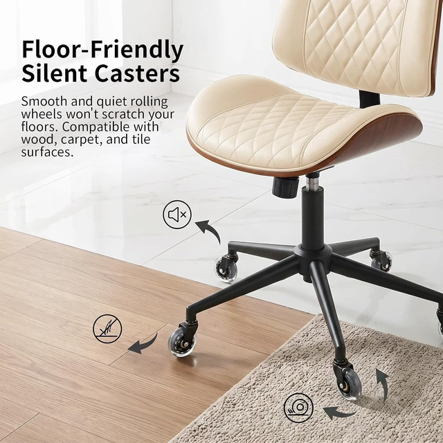 Alt view image 4 of 7 - Armless Office Chair with Silent Rubber Wheels, Mid Century Modern Walnut Style Desk Chair, No Arms Leather Computer Chair for Home Office, Seat-Rocking, Adjustable Height (Beige)