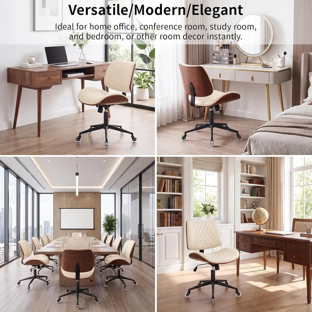 Alt view image 5 of 7 - Armless Office Chair with Silent Rubber Wheels, Mid Century Modern Walnut Style Desk Chair, No Arms Leather Computer Chair for Home Office, Seat-Rocking, Adjustable Height (Beige)