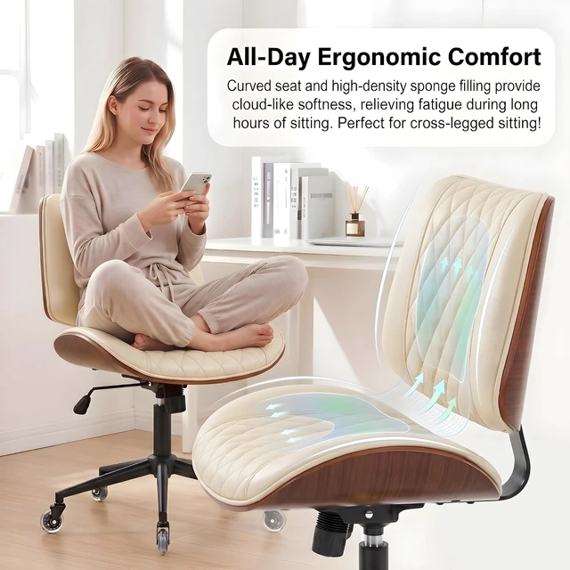Alt view image 7 of 7 - Armless Office Chair with Silent Rubber Wheels, Mid Century Modern Walnut Style Desk Chair, No Arms Leather Computer Chair for Home Office, Seat-Rocking, Adjustable Height (Beige)