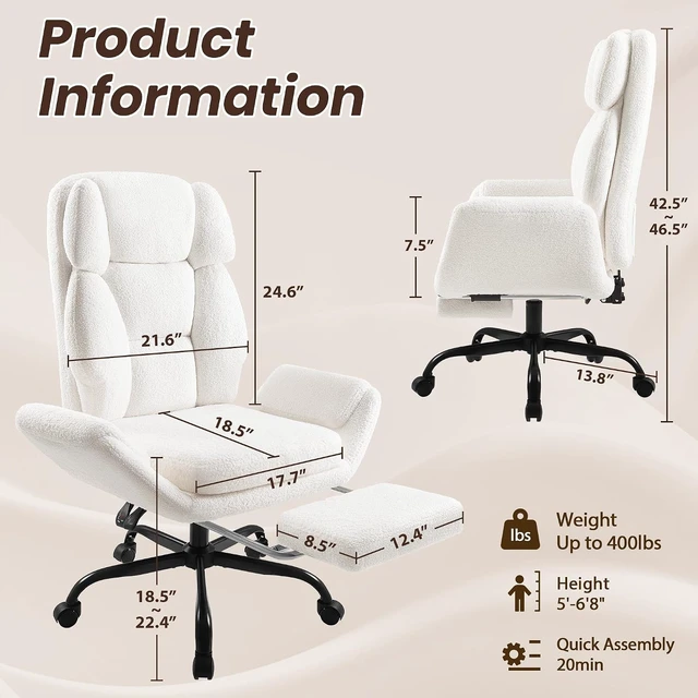 Alt view image 2 of 7 - Big and Tall Office Chair, Criss Cross Legged Chair Wide Seat, Ergonomic Executive Desk Chair with Footrest, Teddy Fleece High Back Vanity Chair for Home Office, White