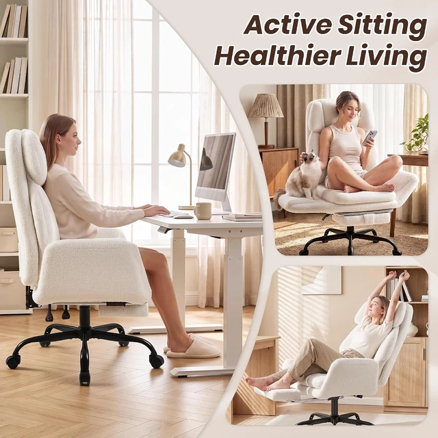 Alt view image 3 of 7 - Big and Tall Office Chair, Criss Cross Legged Chair Wide Seat, Ergonomic Executive Desk Chair with Footrest, Teddy Fleece High Back Vanity Chair for Home Office, White