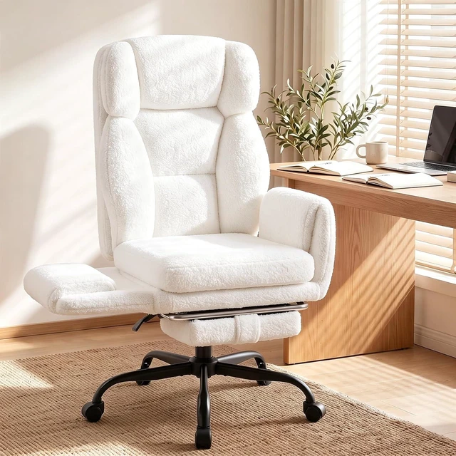 Main image of Big and Tall Office Chair, Criss Cross Legged Chair Wide Seat, Ergonomic Executive Desk Chair with Footrest, Teddy Fleece High Back Vanity Chair for Home Office, White