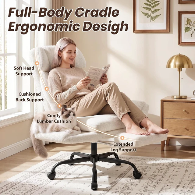 Alt view image 4 of 7 - Big and Tall Office Chair, Criss Cross Legged Chair Wide Seat, Ergonomic Executive Desk Chair with Footrest, Teddy Fleece High Back Vanity Chair for Home Office, White
