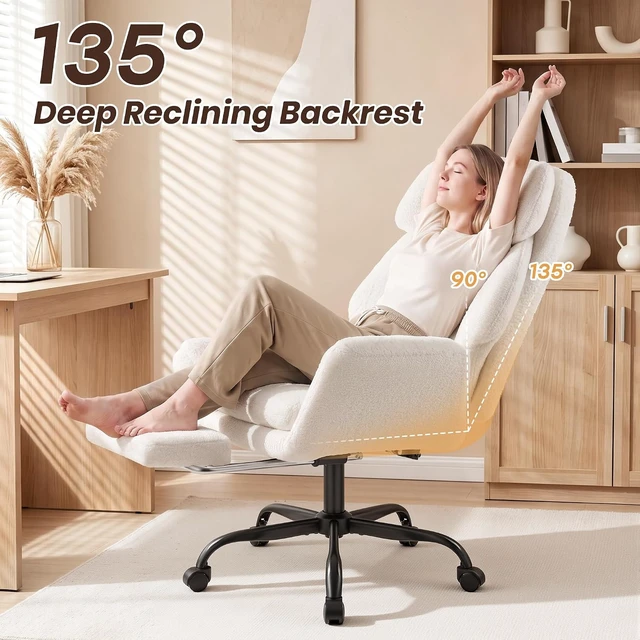 Alt view image 5 of 7 - Big and Tall Office Chair, Criss Cross Legged Chair Wide Seat, Ergonomic Executive Desk Chair with Footrest, Teddy Fleece High Back Vanity Chair for Home Office, White