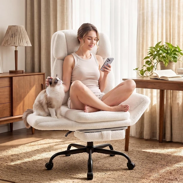 Alt view image 7 of 7 - Big and Tall Office Chair, Criss Cross Legged Chair Wide Seat, Ergonomic Executive Desk Chair with Footrest, Teddy Fleece High Back Vanity Chair for Home Office, White
