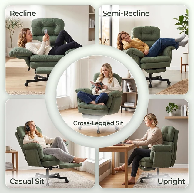 Alt view image 3 of 7 - Criss Cross Office Chair with Foot Rest, Big and Tall Office Desk Chairs with Flip Armrests for Pets & Cross Legged Sitting, Comfy Executive Ergonomic Reclining Computer Gaming Vanity Chair, Green