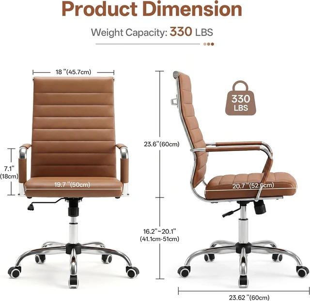 Alt view image 2 of 7 - Brown Conference Room Chairs, Modern Ergonomic PU Leather Office Desk Chair Ribbed for Office, High Back Executive Swivel Rolling Task Chair for Home