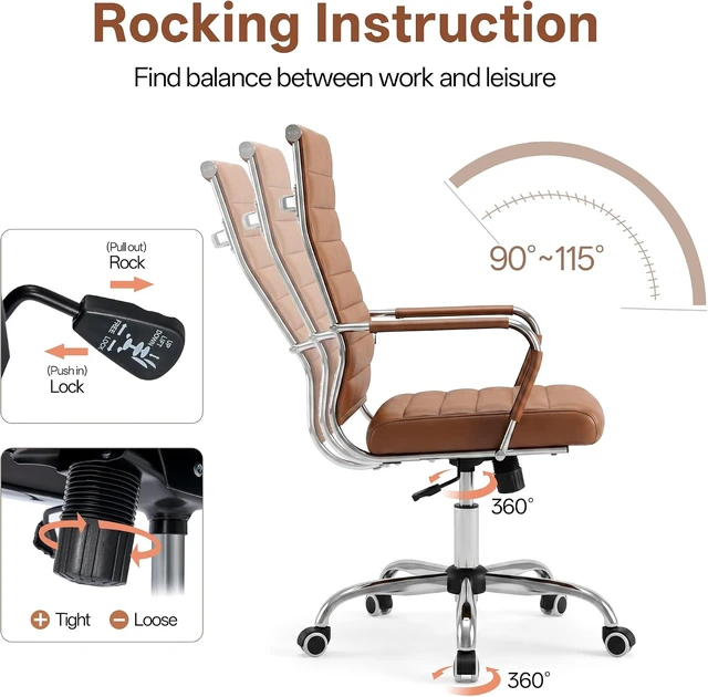Alt view image 6 of 7 - Brown Conference Room Chairs, Modern Ergonomic PU Leather Office Desk Chair Ribbed for Office, High Back Executive Swivel Rolling Task Chair for Home