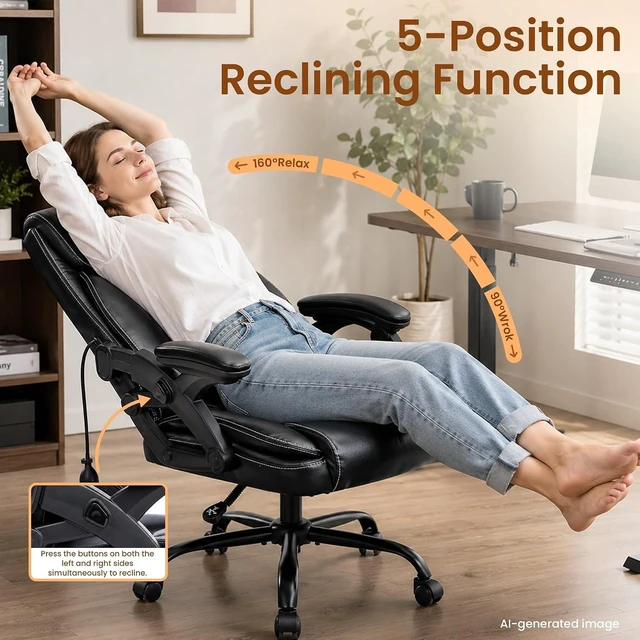 Alt view image 3 of 7 - Office Chair with Airbag Lumbar Support, 90°-160° Reclining Executive Desk Chair for Long Hours Sitting, Adjustable Height & Armrests